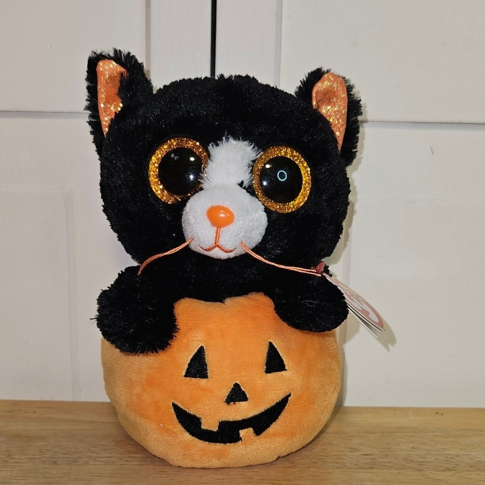 Ty Beanie Boos Edgar Halloween Black Cat in Pumpkin Plush NWT 6 inch 2021